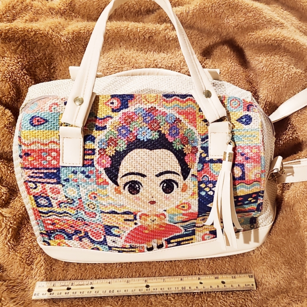 Cream and White Tote with White Leather Trim